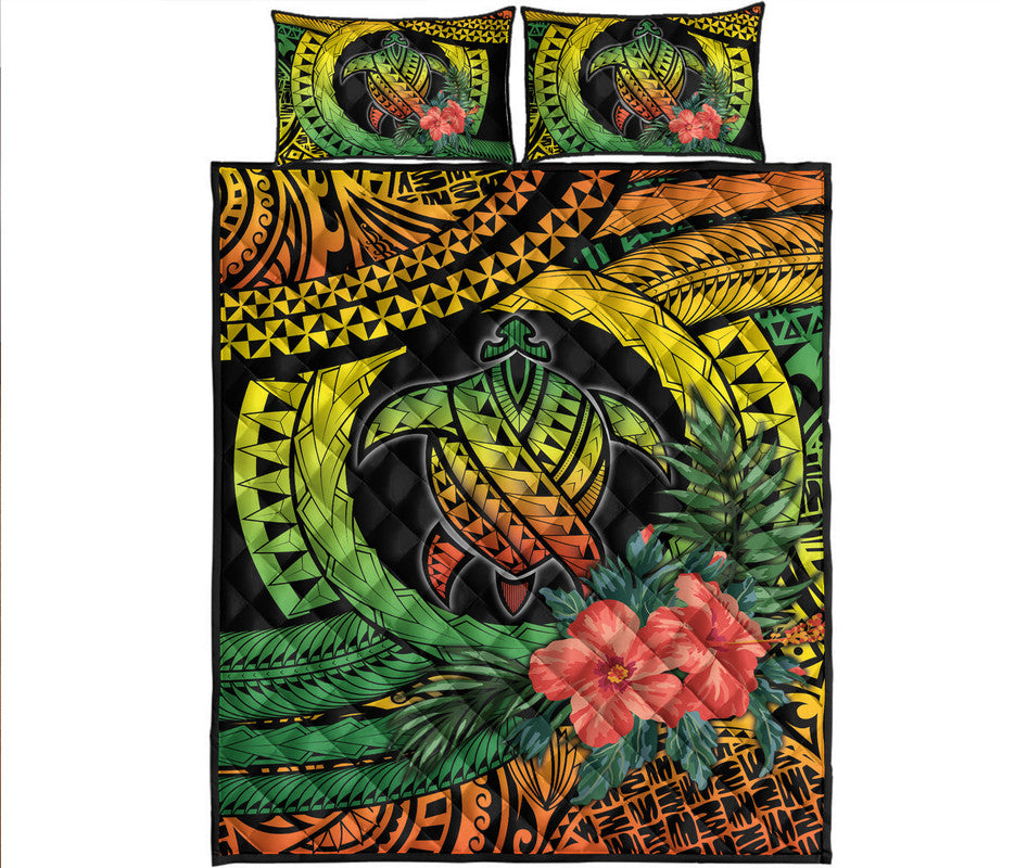Polynesian Turtle Quilt Bed Set Circle Turtle Hibiscus Reggae - Wonder Print Shop