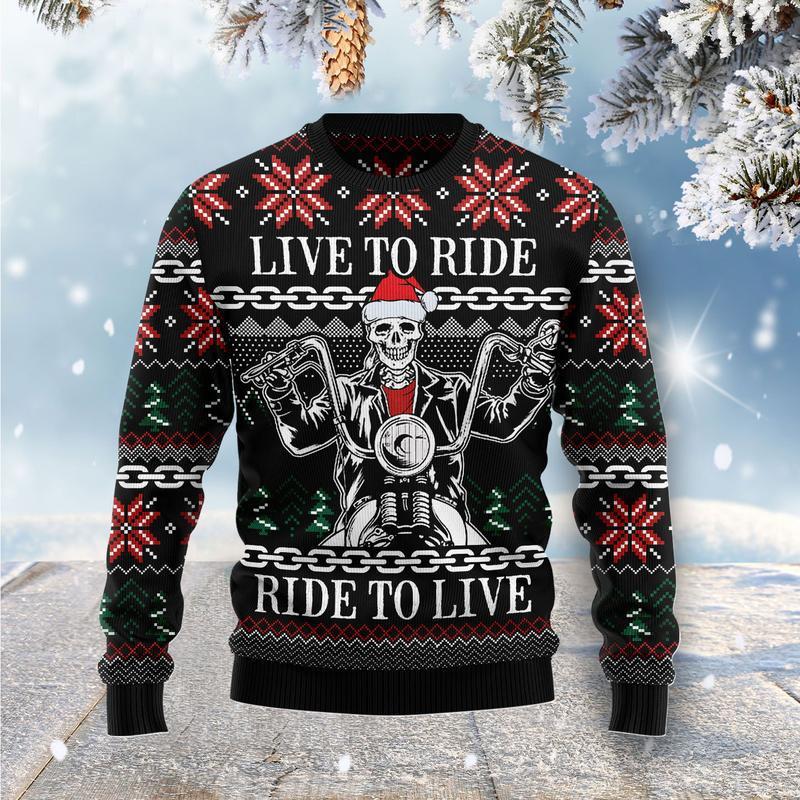 Live To Ride Motorbike Skeleton Ugly Christmas Sweater - Wonder Print Shop