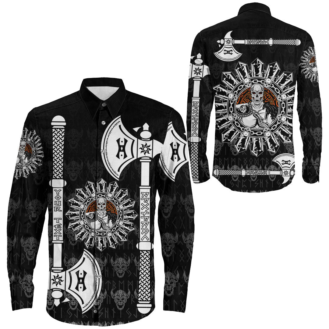 (Custom) Viking - Long Sleeve Button Shirt Skull Warrior Dead Hero with Hammer RLT12 - Wonder Print Shop