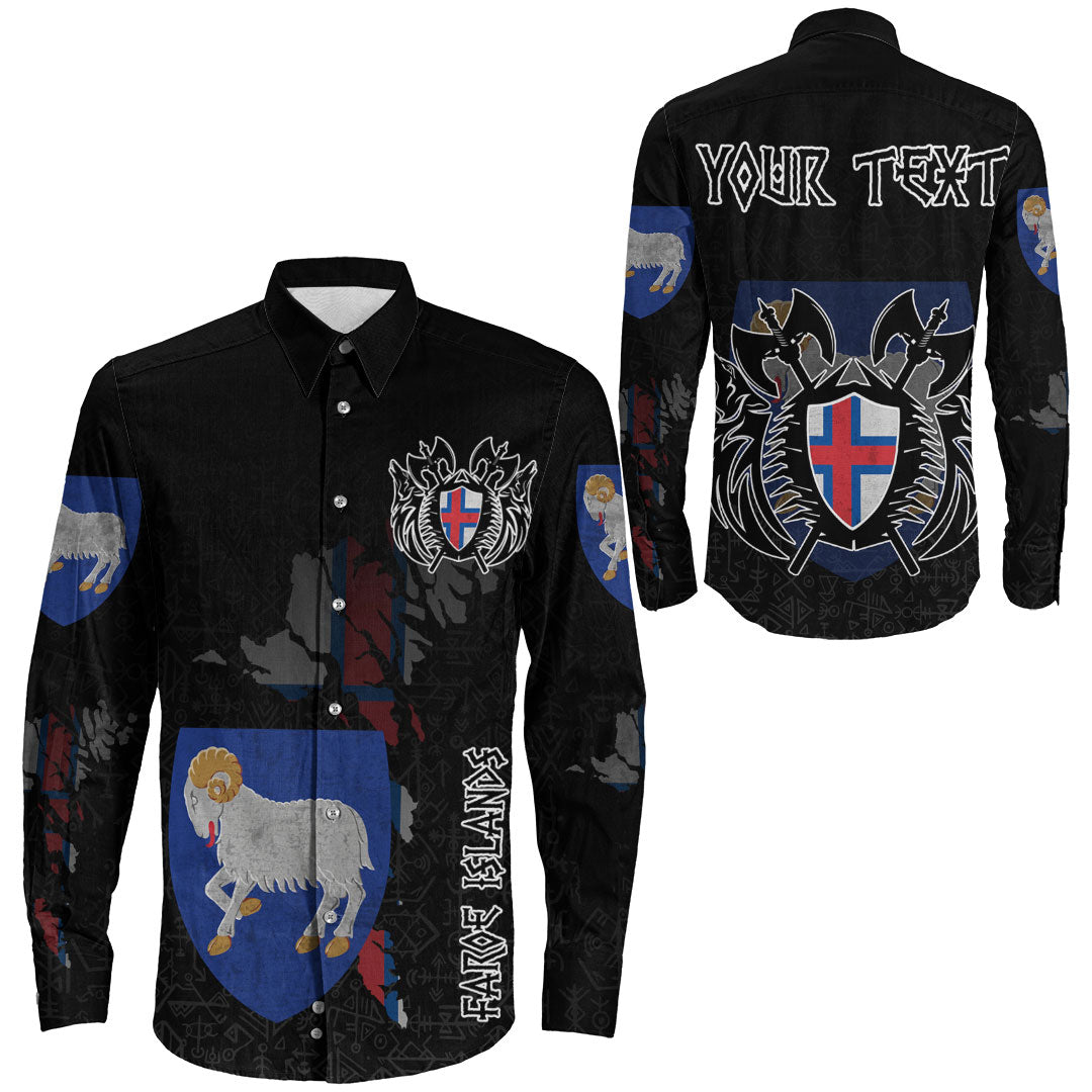 (Custom) Viking - Faroe Islands Flag and Map Long Sleeve Button Shirt style Viking Geri and Freki RLT12 - Wonder Print Shop