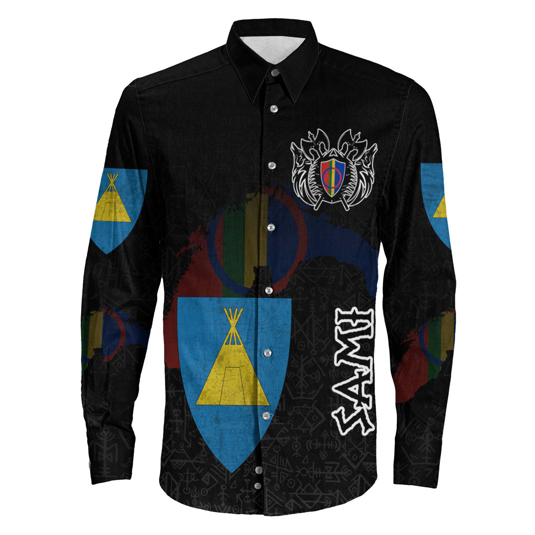 (Custom) Viking - Sami Flag and Map Long Sleeve Button Shirt style Viking Geri and Freki RLT12 - Wonder Print Shop