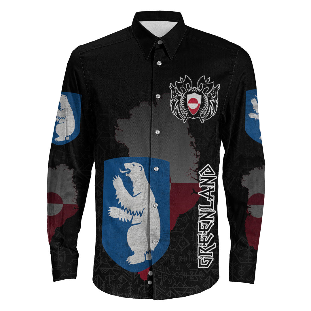 (Custom) Viking - Greenland Flag and Map Long Sleeve Button Shirt style Viking Geri and Freki RLT12 - Wonder Print Shop