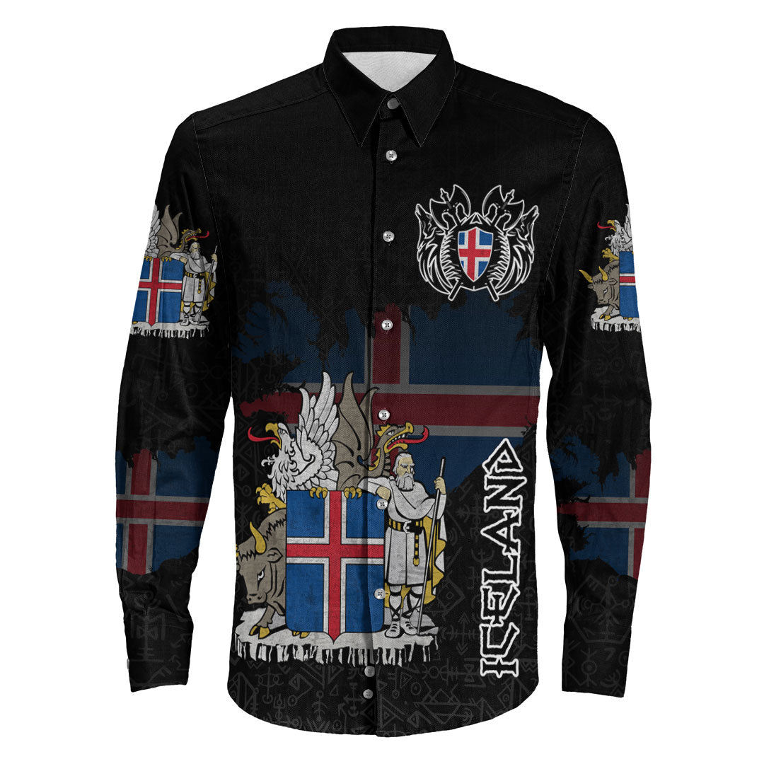 (Custom) Viking - Iceland Flag and Map Long Sleeve Button Shirt style Viking Geri and Freki RLT12 - Wonder Print Shop