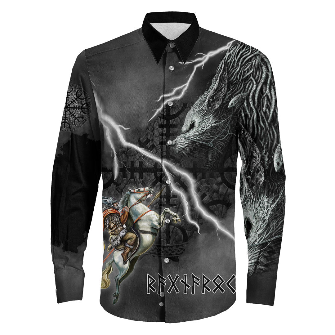 (Custom) Wonder Print Shop - Ragnarok Long Sleeve Button Shirt Odin fight Fenrir on thunder background RLT12 - Wonder Print Shop