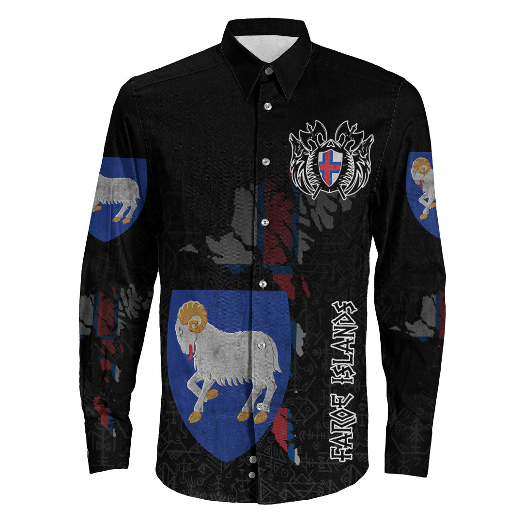 (Custom) Viking - Faroe Islands Flag and Map Long Sleeve Button Shirt style Viking Geri and Freki RLT12 - Wonder Print Shop