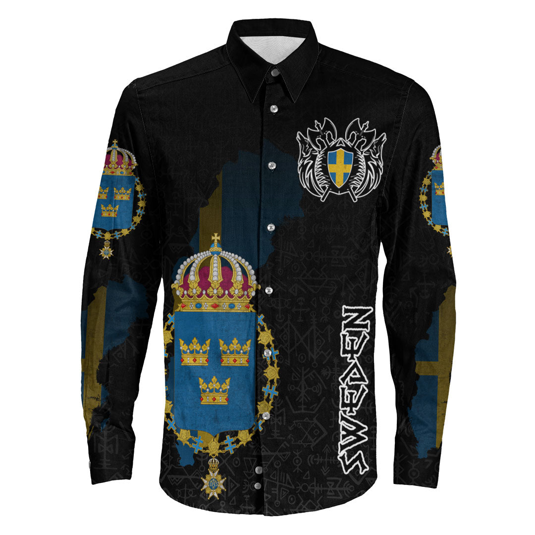 (Custom) Viking - Sweden Flag and Map (1) Long Sleeve Button Shirt style Viking Geri and Freki RLT12 - Wonder Print Shop