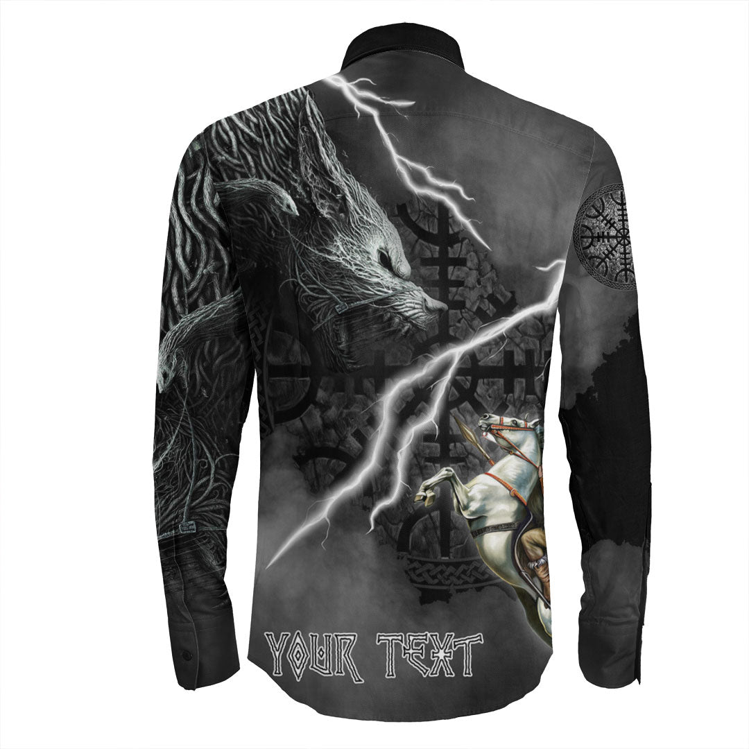 (Custom) Wonder Print Shop - Ragnarok Long Sleeve Button Shirt Odin fight Fenrir on thunder background RLT12 - Wonder Print Shop