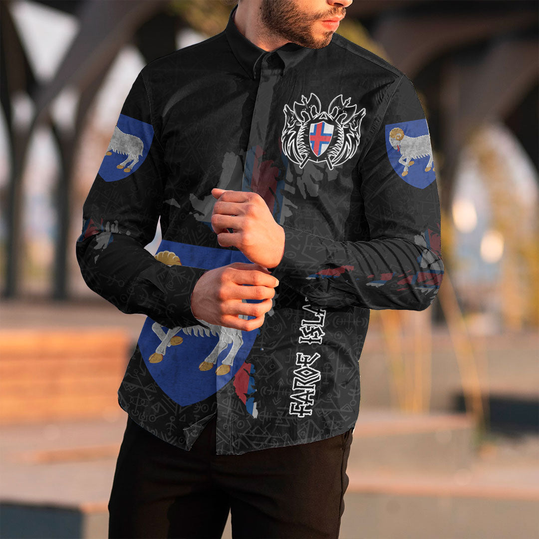 (Custom) Viking - Faroe Islands Flag and Map Long Sleeve Button Shirt style Viking Geri and Freki RLT12 - Wonder Print Shop