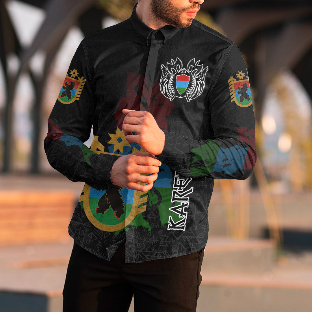 (Custom) Viking - Karelia Flag and Map Long Sleeve Button Shirt style Viking Geri and Freki RLT12 - Wonder Print Shop