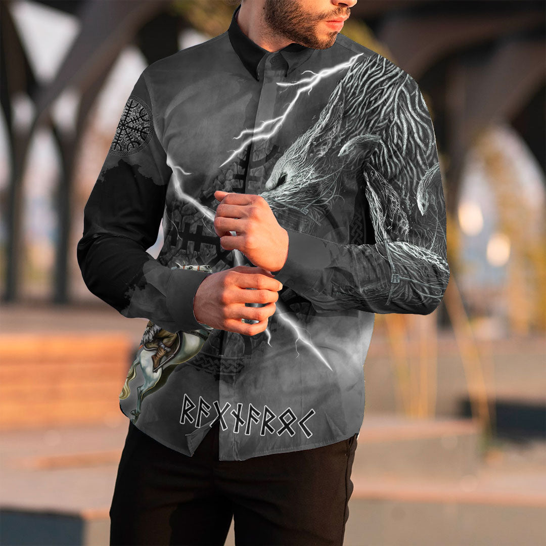 (Custom) Viking - Ragnarok Long Sleeve Button Shirt Odin fight Fenrir on thunder background RLT12 - Wonder Print Shop