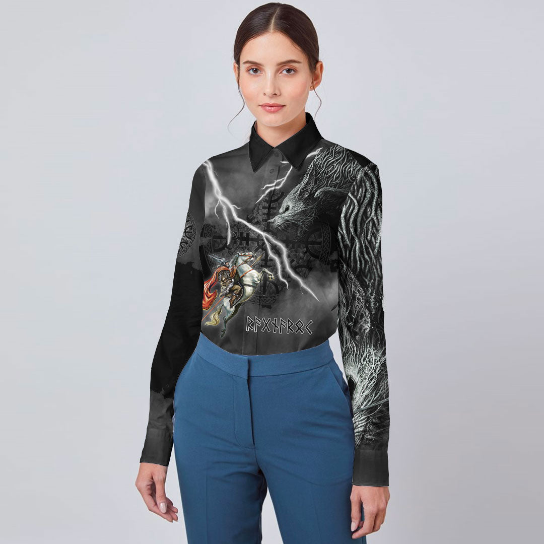 (Custom) Wonder Print Shop - Ragnarok Long Sleeve Button Shirt Odin fight Fenrir on thunder background RLT12 - Wonder Print Shop