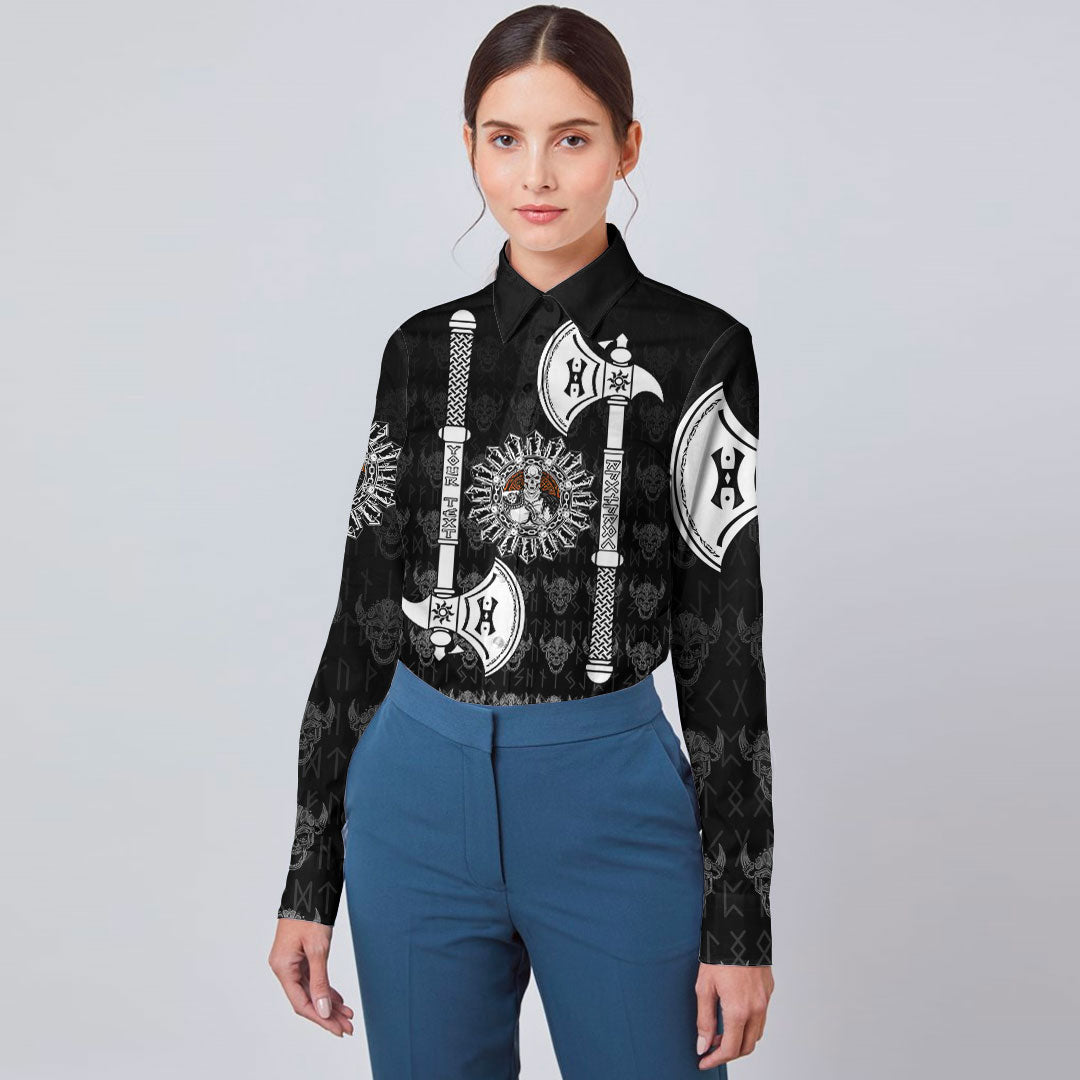 (Custom) Viking - Long Sleeve Button Shirt Skull Warrior Dead Hero with Hammer RLT12 - Wonder Print Shop