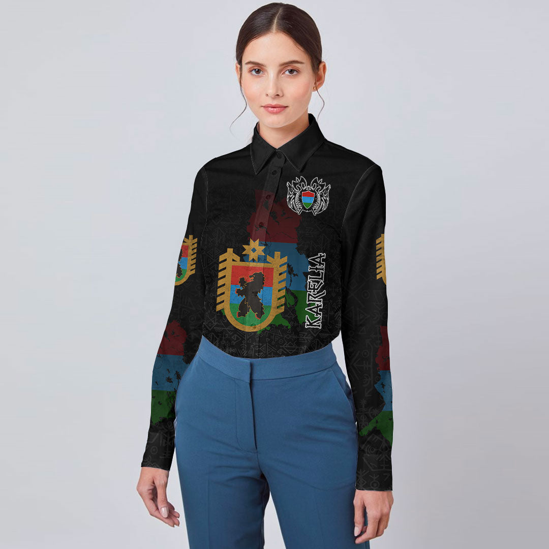 (Custom) Viking - Karelia Flag and Map Long Sleeve Button Shirt style Viking Geri and Freki RLT12 - Wonder Print Shop