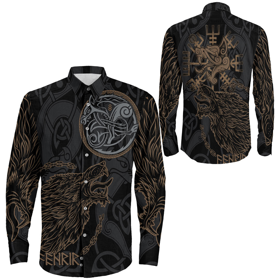 Viking Clothing Viking Fenrir Norse Wolf Long Sleeve Button Shirt RLT12 - Wonder Print Shop