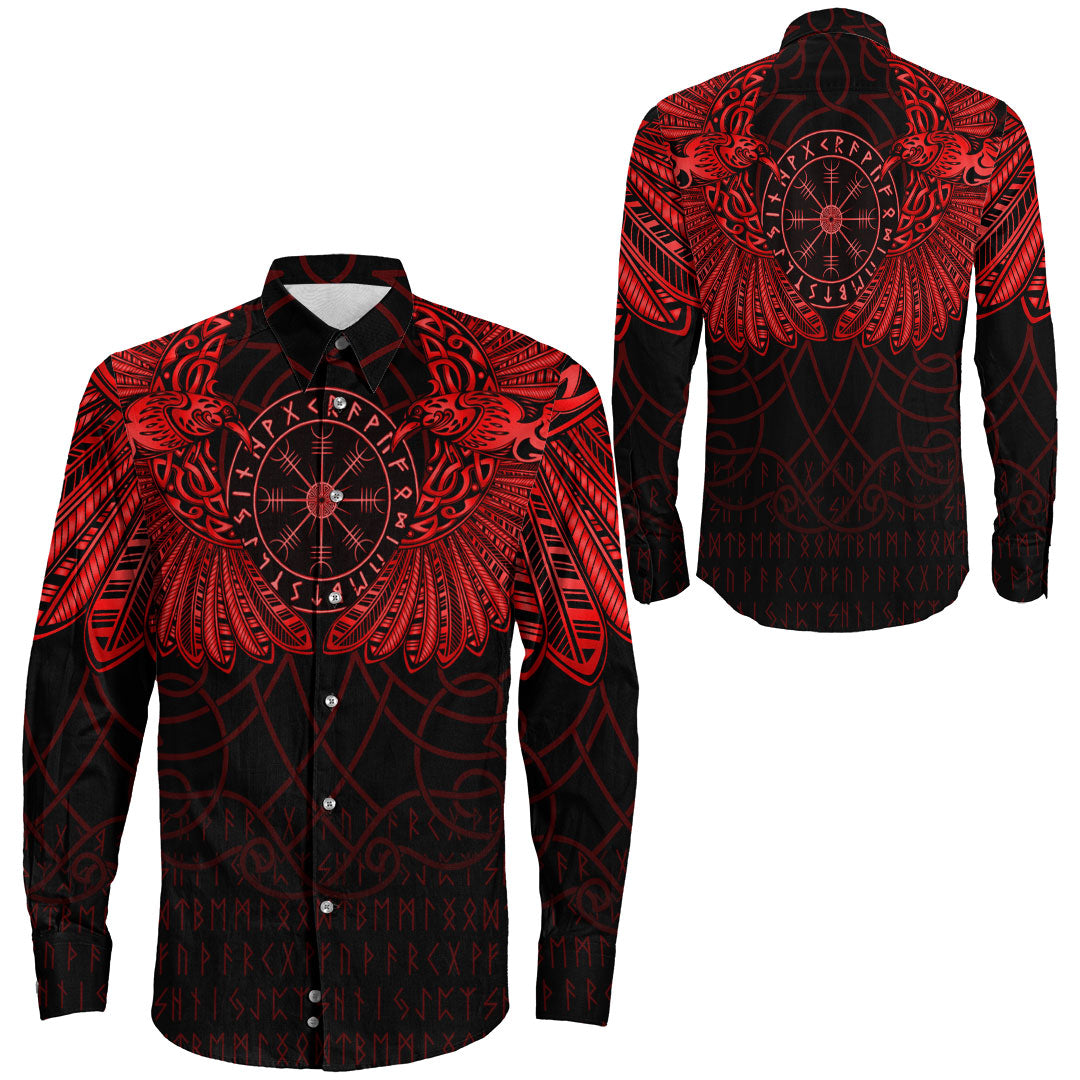 Viking Clothing Viking Odin's Celtic Two Ravens Red Version Long Sleeve Button Shirt RLT12 - Wonder Print Shop