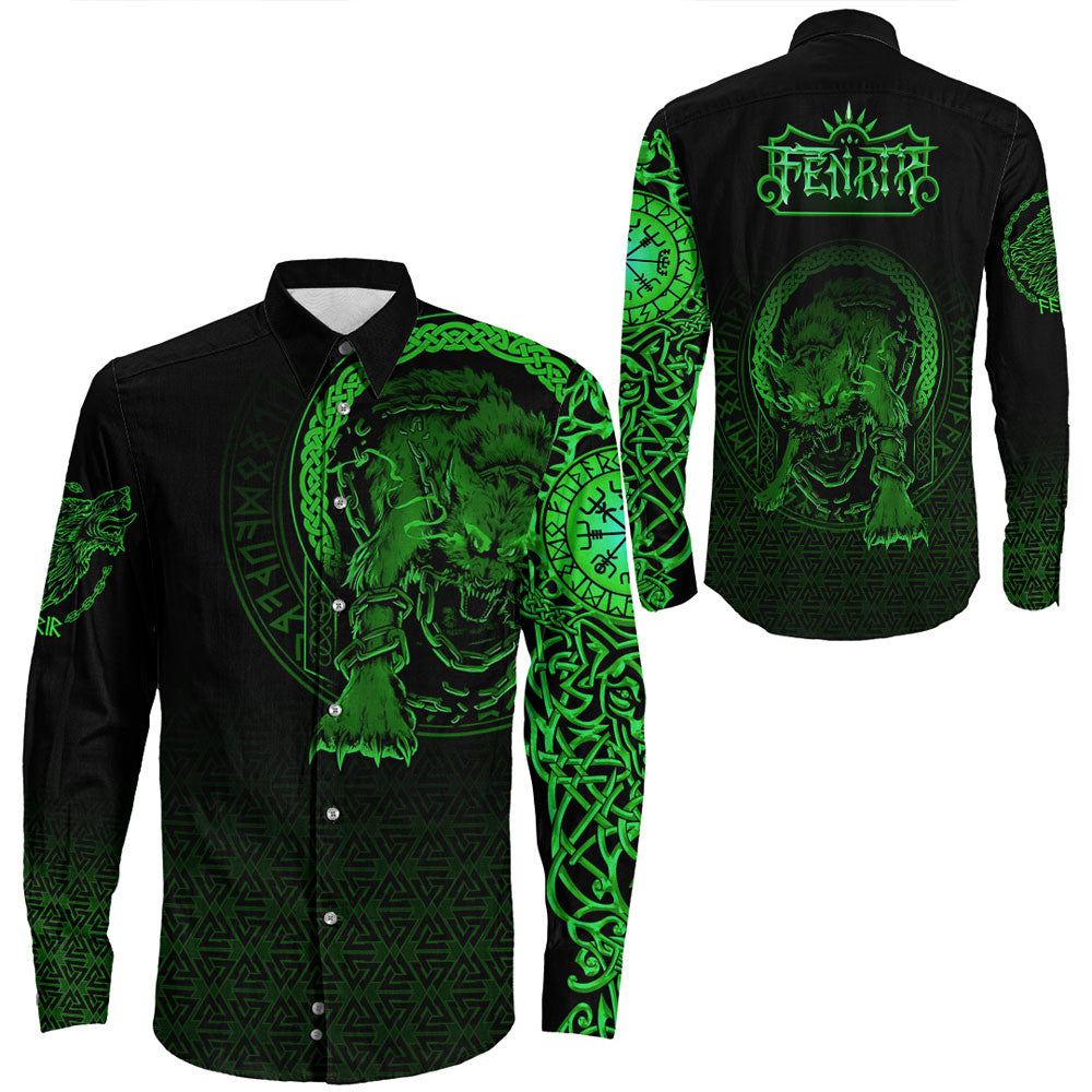Viking Clothing Viking Fenrir Norse 3D Green Long Sleeve Button Shirt RLT12 - Wonder Print Shop