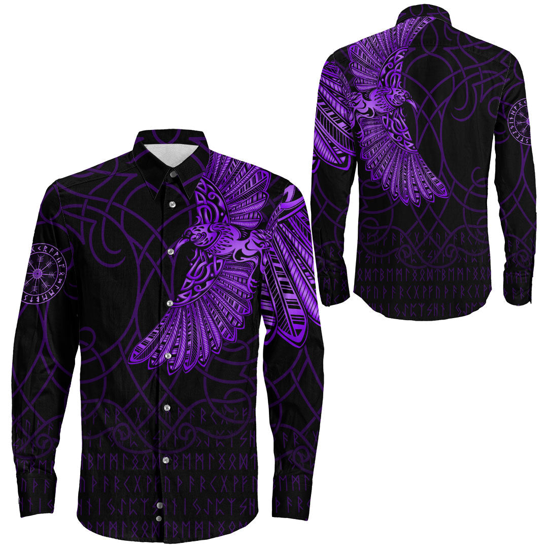 Viking Clothing Viking Odins Raven Tattoo Purple Version Long Sleeve Button Shirt RLT12 - Wonder Print Shop