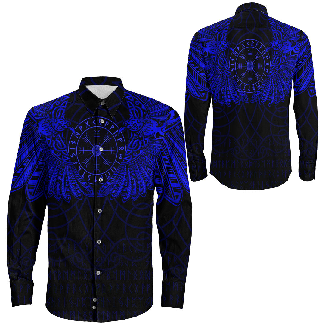 Viking Clothing Viking Odin's Celtic Two Ravens Blue Version Long Sleeve Button Shirt RLT12 - Wonder Print Shop