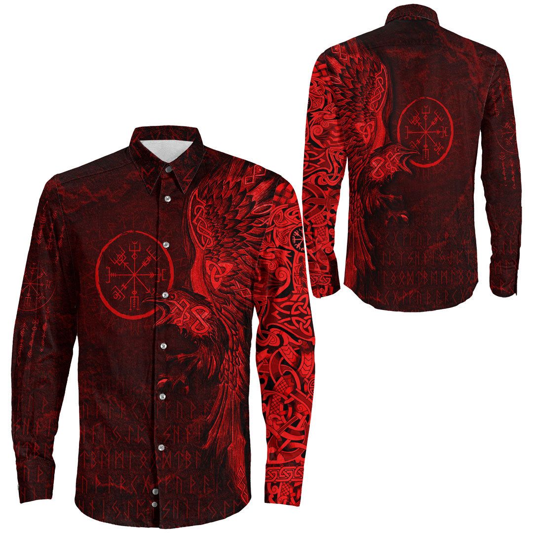 Viking Clothing Vegvisir With Raven Viking Compass Long Sleeve Button Shirt Red Version A7 RLT12 - Wonder Print Shop