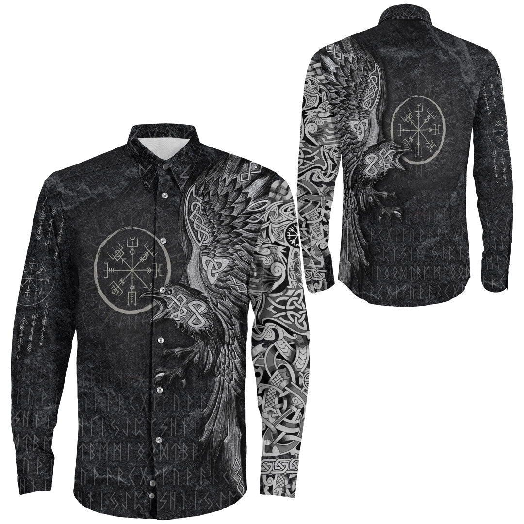 Viking Clothing Vegvisir With Raven Viking Compass Long Sleeve Button Shirt RLT12 - Wonder Print Shop