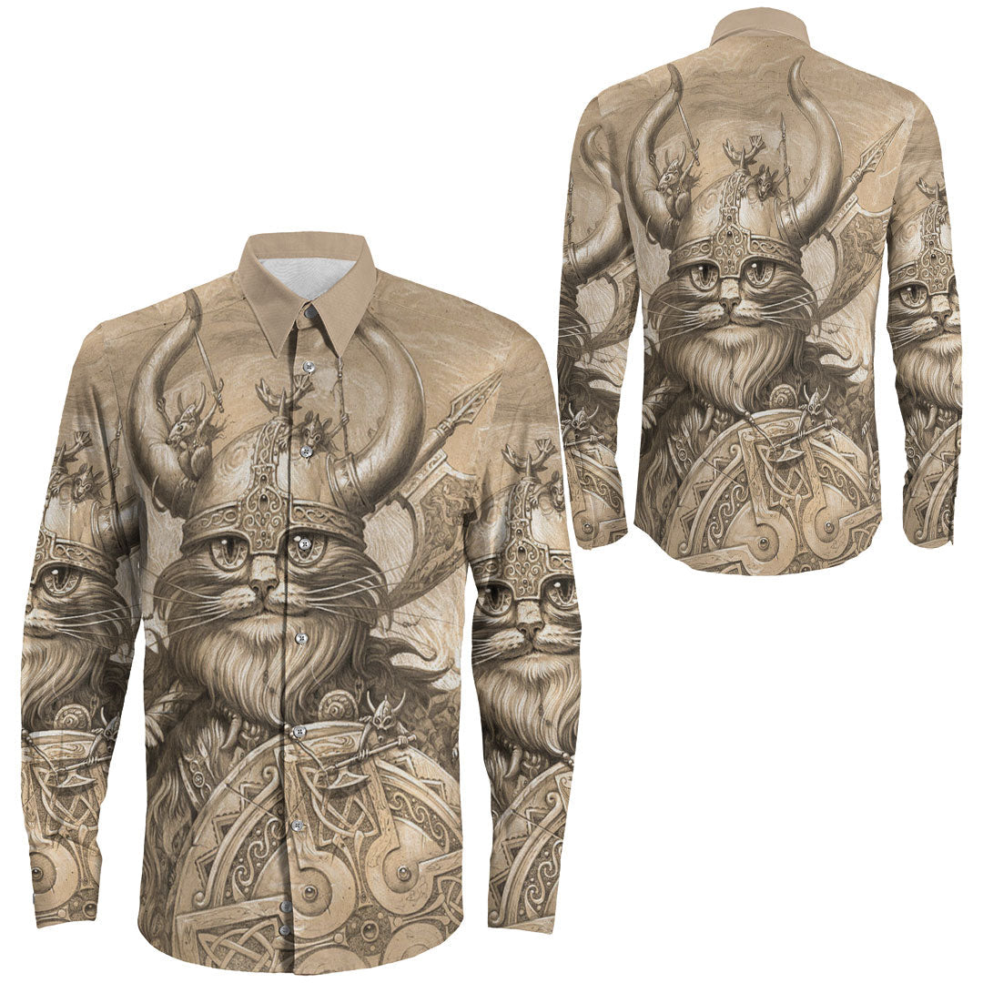 Viking Clothing Vikings Cat Long Sleeve Button Shirt RLT12 - Wonder Print Shop