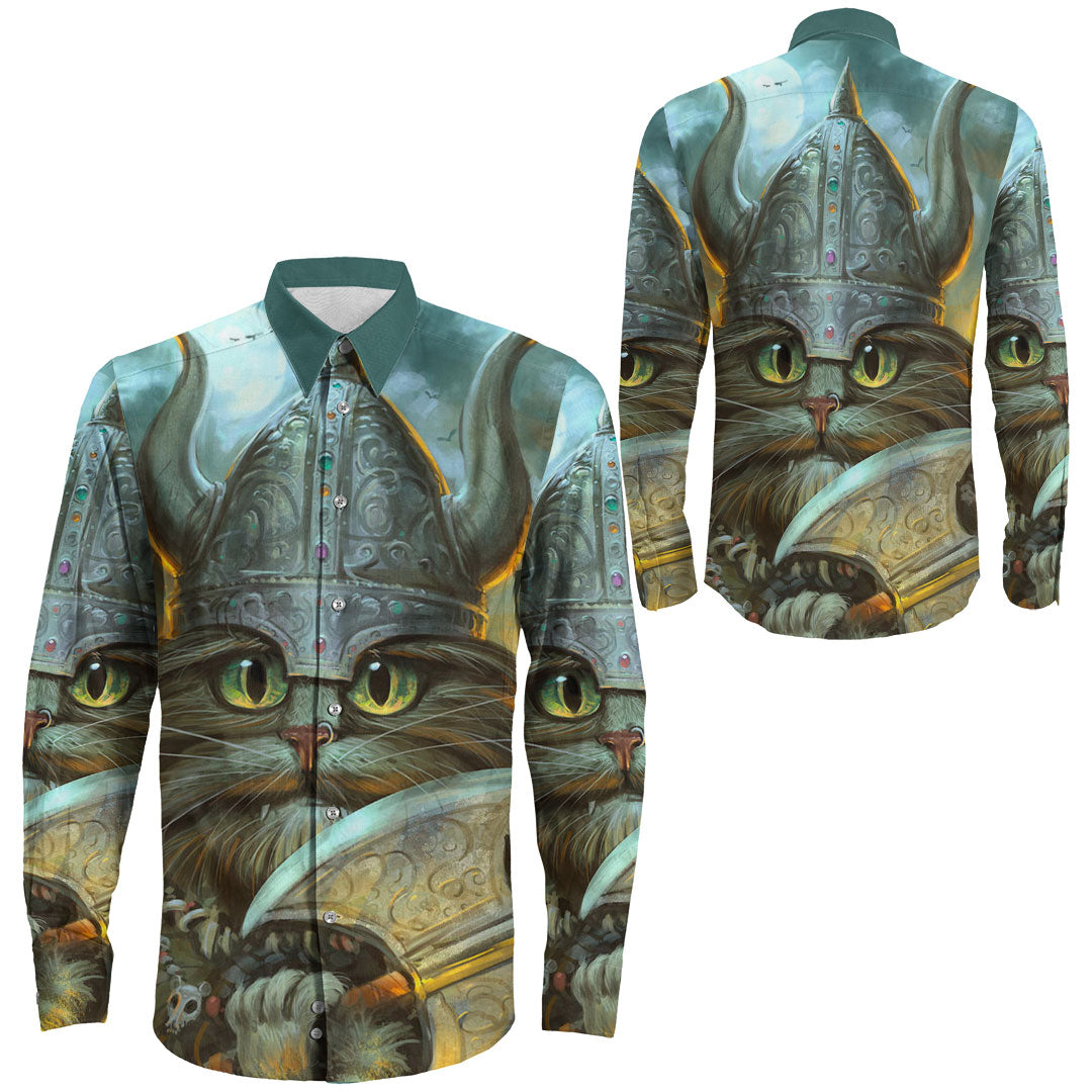 Viking Clothing Vikings Cat Warrior Long Sleeve Button Shirt RLT12 - Wonder Print Shop