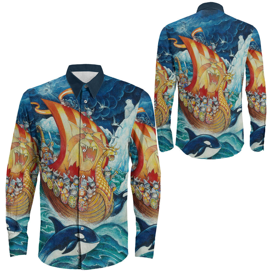 Viking Clothing Vikings Cat Drakkar Warship Long Sleeve Button Shirt RLT12 - Wonder Print Shop