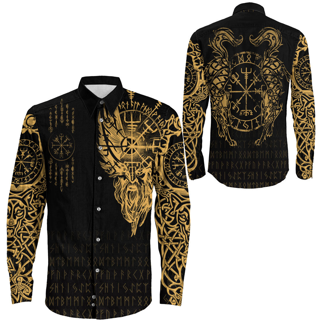 Viking Clothing Viking Compass Vegvisir Tattoo Gold Version Long Sleeve Button Shirt RLT12 - Wonder Print Shop