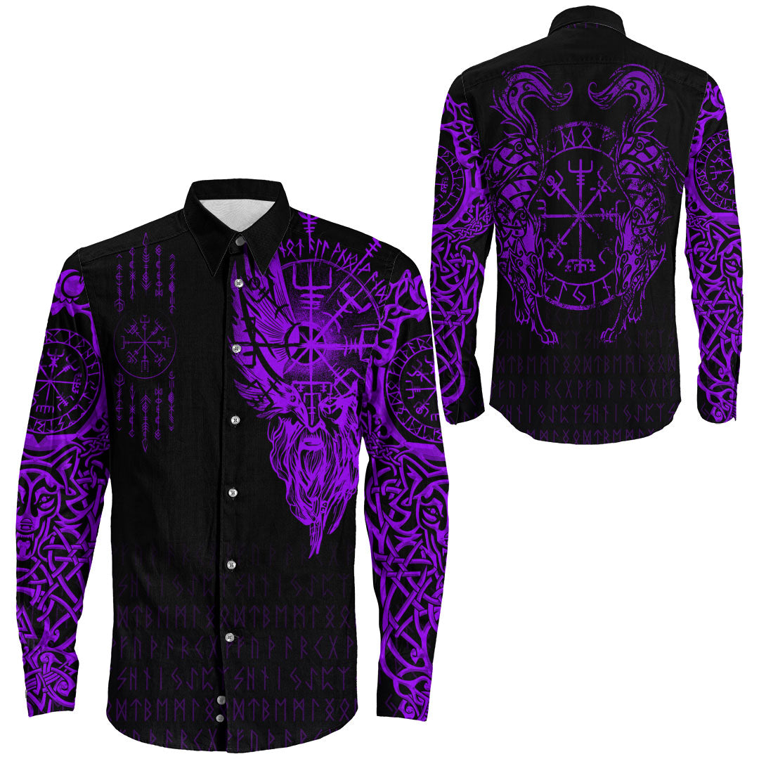 Viking Clothing Viking Compass Vegvisir Tattoo Purple Version Long Sleeve Button Shirt RLT12 - Wonder Print Shop