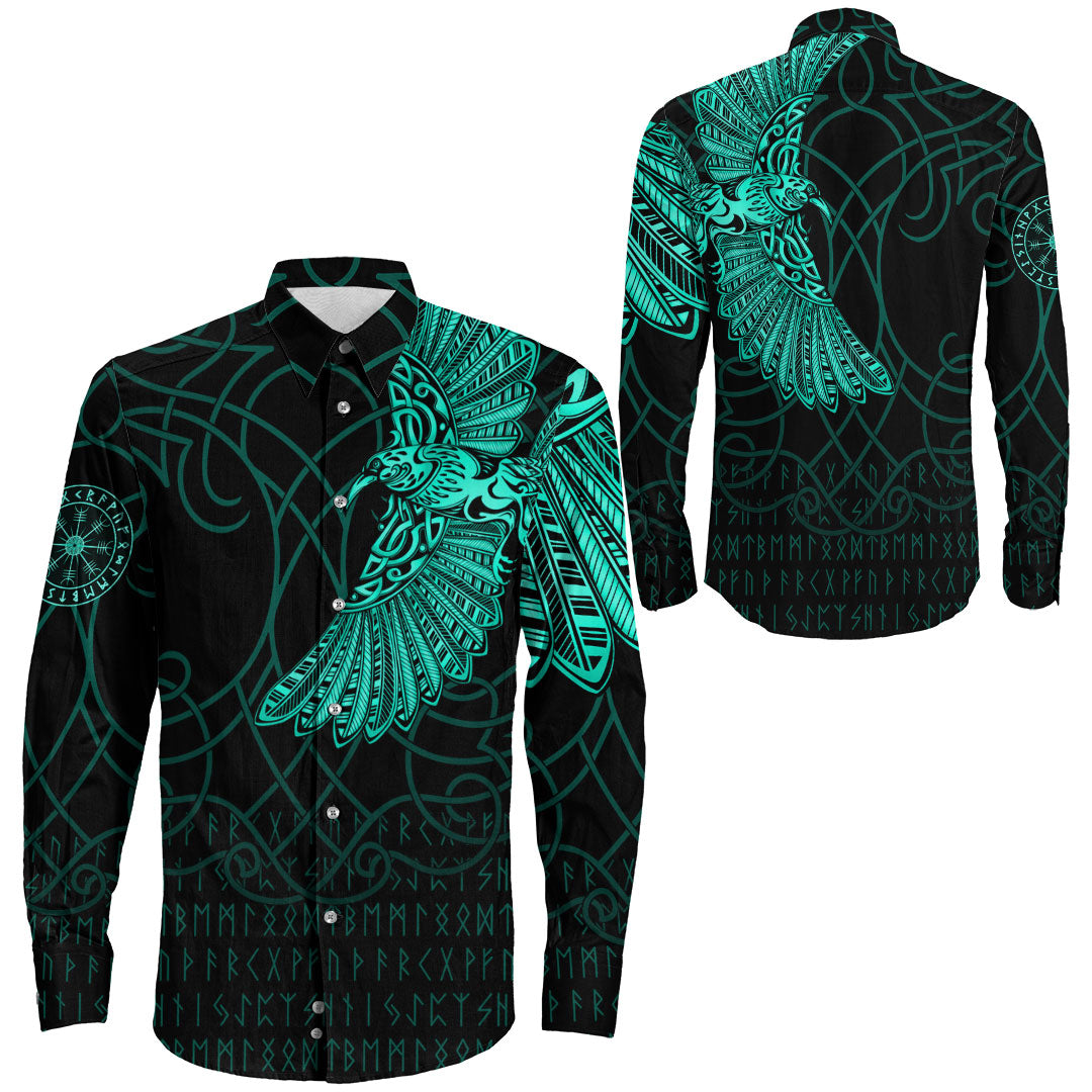 Viking Clothing Viking Odins Raven Tattoo Cyan Version Long Sleeve Button Shirt RLT12 - Wonder Print Shop