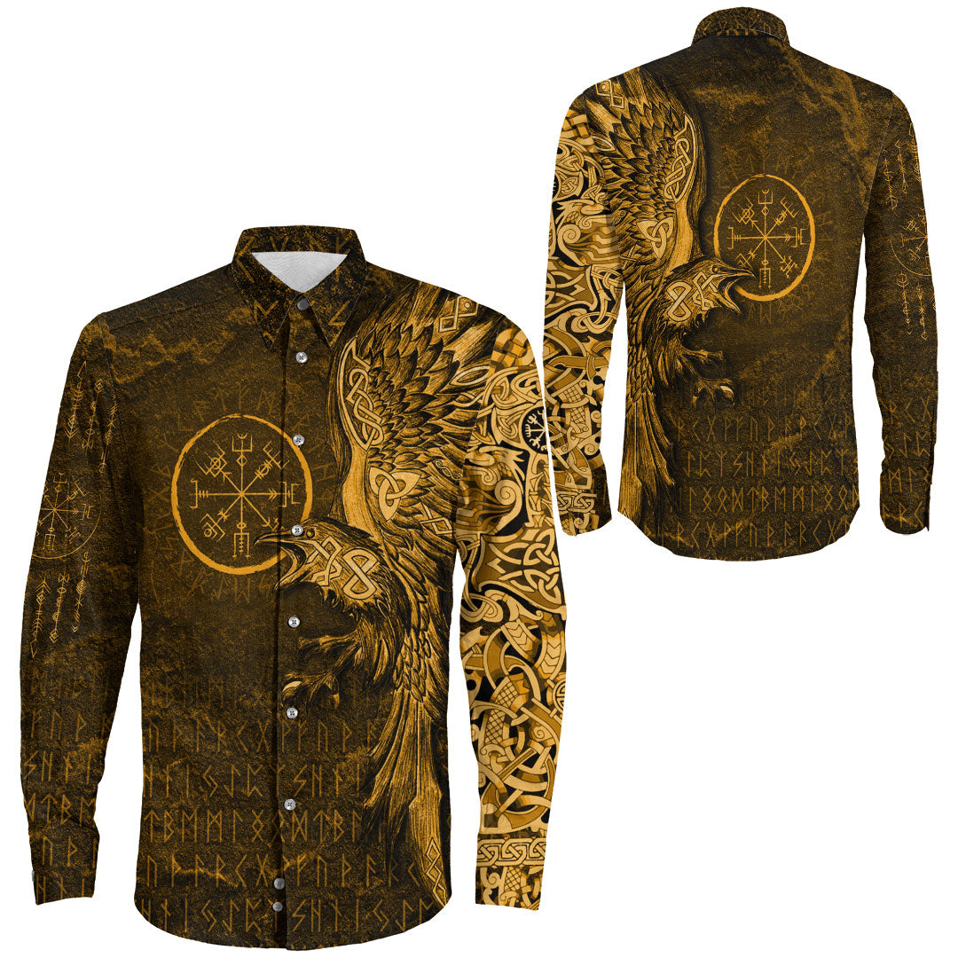 Viking Clothing Vegvisir With Raven Viking Compass Gold Version Long Sleeve Button Shirt RLT12 - Wonder Print Shop