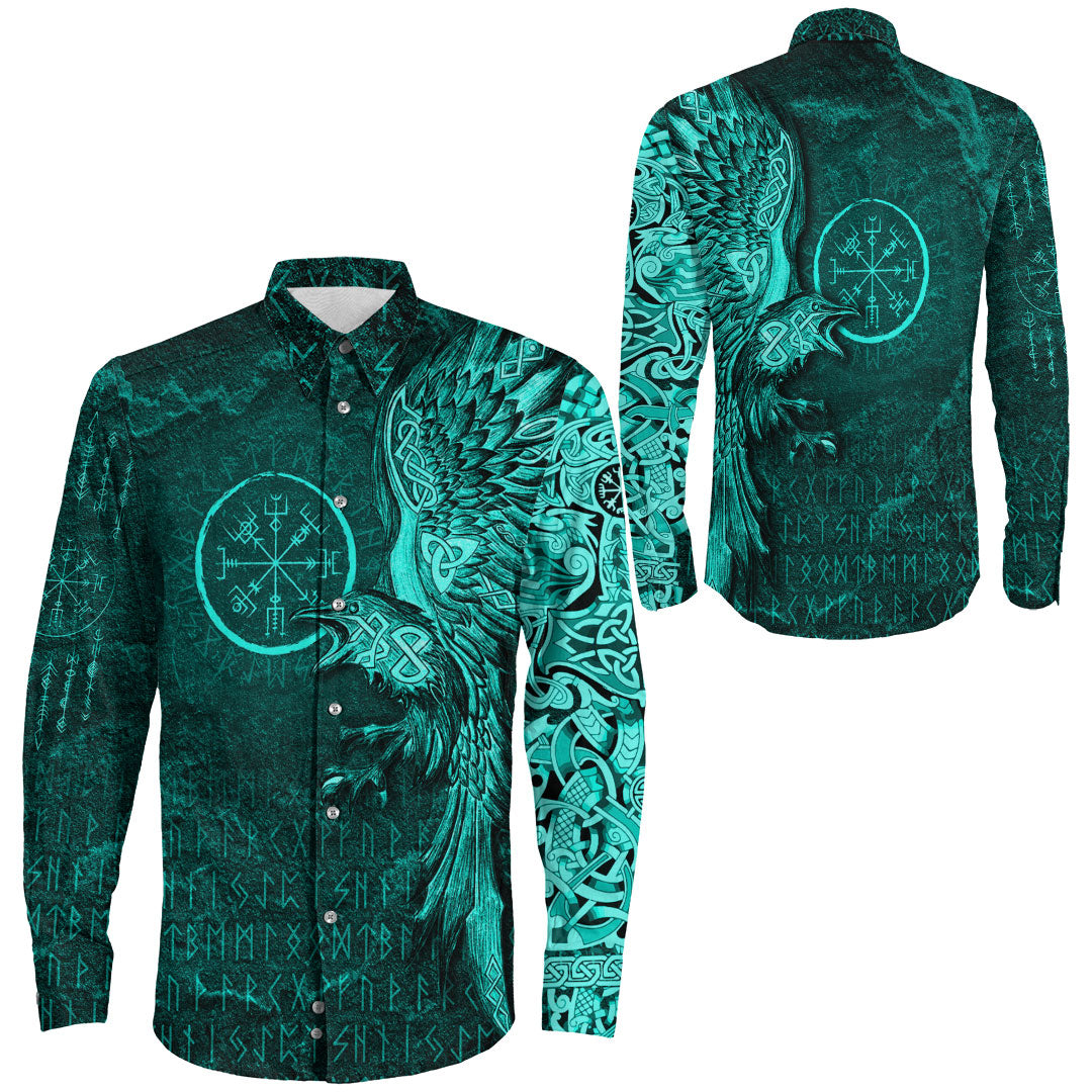 Viking Hoodie Vegvisir With Raven Viking Compass Long Sleeve Button Shirt Cyan Version RLT12 - Wonder Print Shop