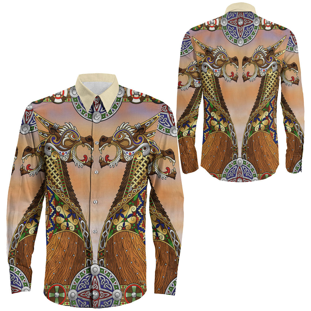 Viking Clothing Drakkar Viking Ship Long Sleeve Button Shirt RLT12 - Wonder Print Shop