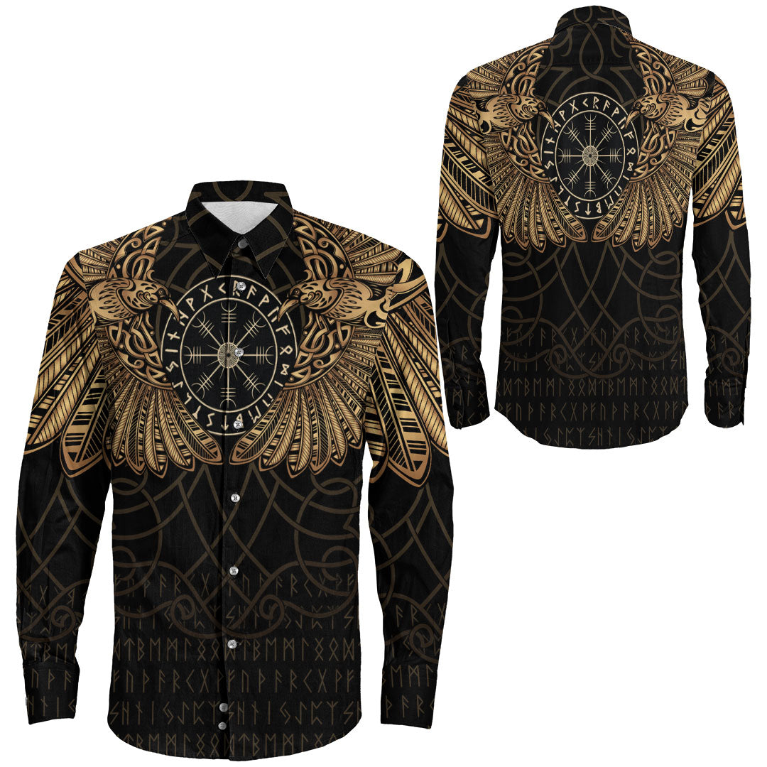 Viking Clothing Viking Odin's Celtic Two Ravens Gold Version Long Sleeve Button Shirt RLT12 - Wonder Print Shop