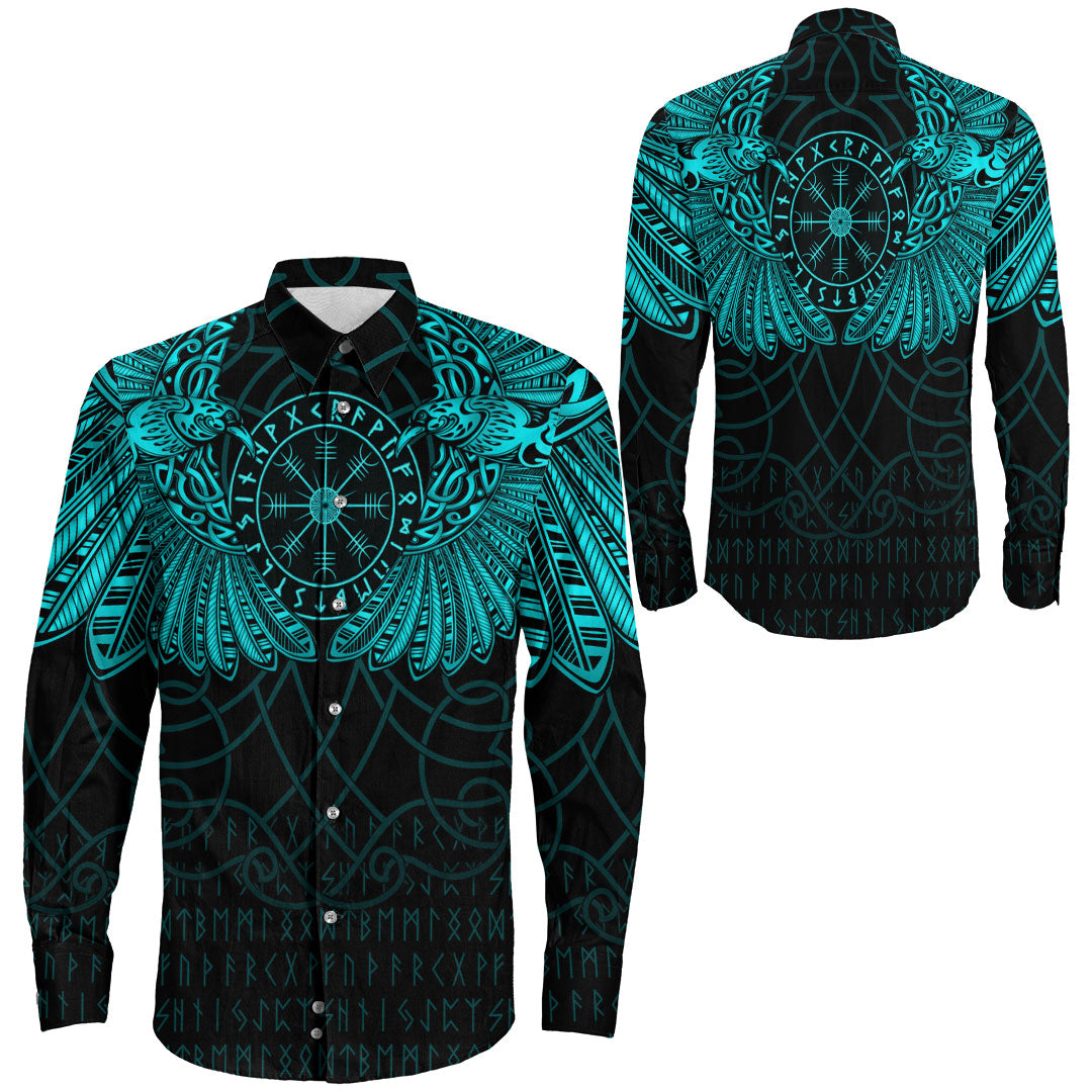 Viking Clothing Viking Odin's Celtic Two Ravens Cyan Version Long Sleeve Button Shirt RLT12 - Wonder Print Shop