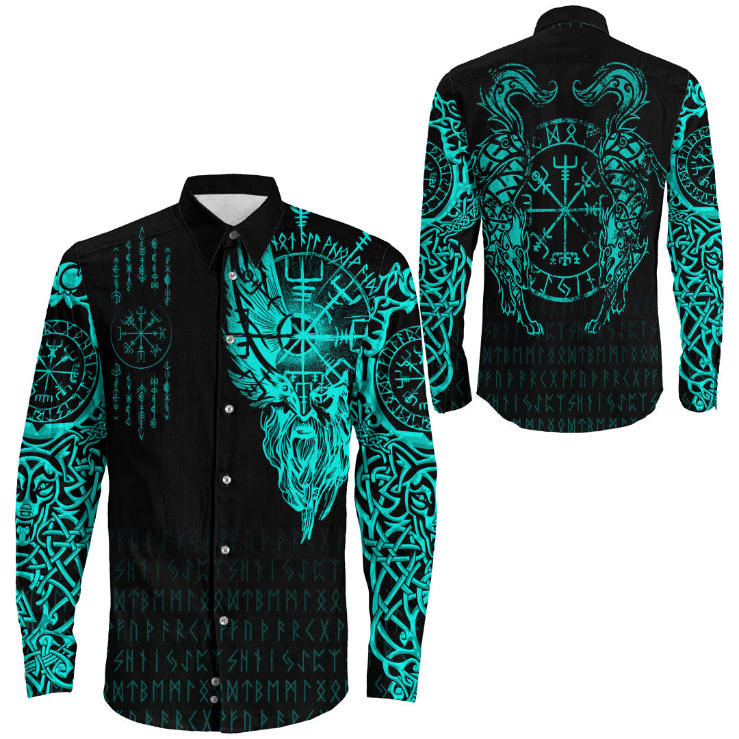 Viking Clothing Viking Compass Vegvisir Tattoo Cyan Version Long Sleeve Button Shirt RLT12 - Wonder Print Shop