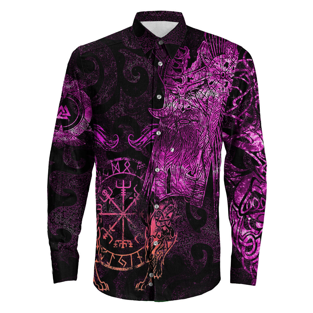 Viking Clothing Viking Odin Tattoo Pink Version Long Sleeve Button Shirt RLT12 - Wonder Print Shop