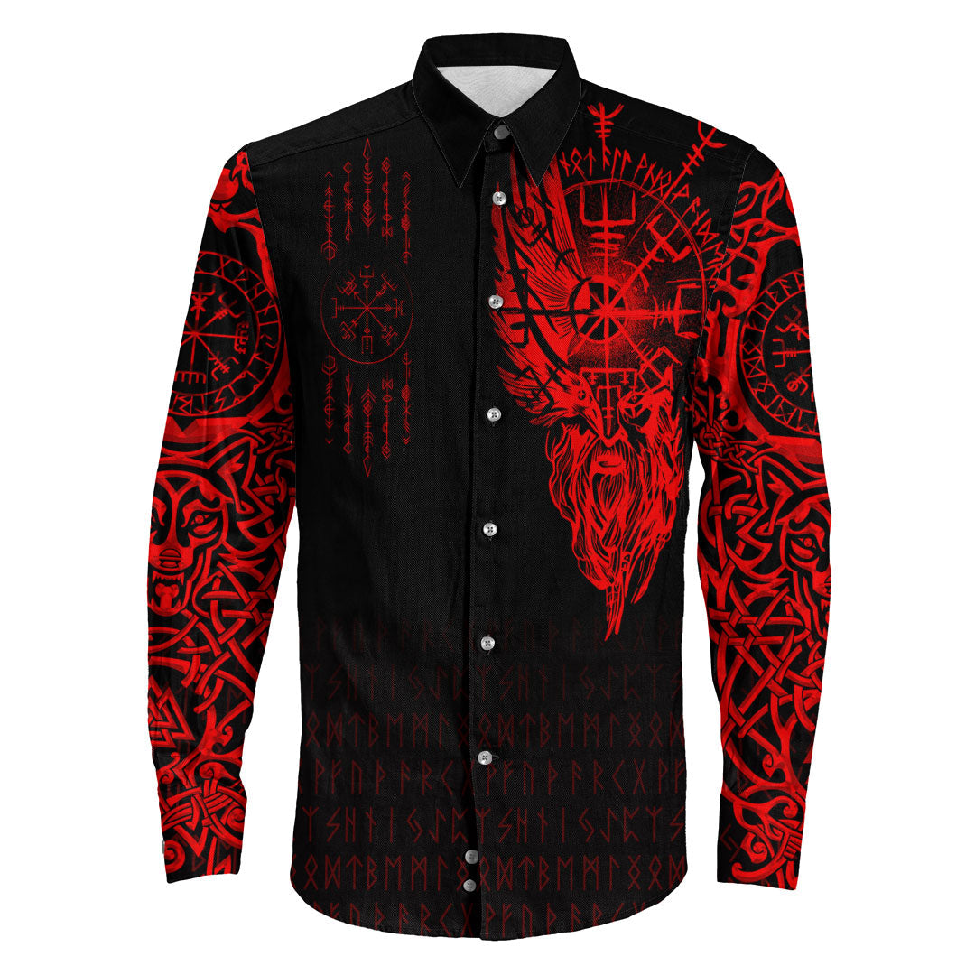 Viking Clothing Viking Compass Vegvisir Tattoo Red Version Long Sleeve Button Shirt RLT12 - Wonder Print Shop