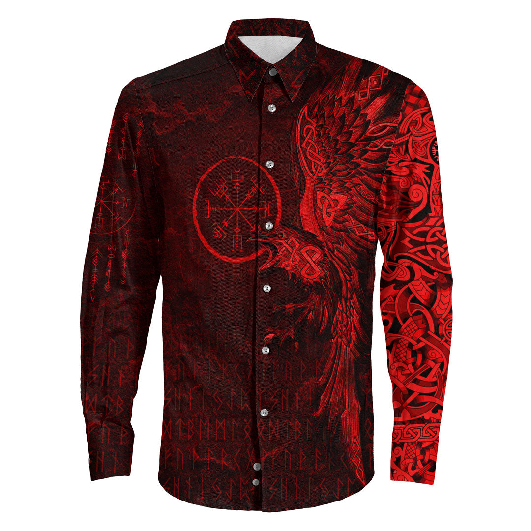 Viking Clothing Vegvisir With Raven Viking Compass Long Sleeve Button Shirt Red Version A7 RLT12 - Wonder Print Shop
