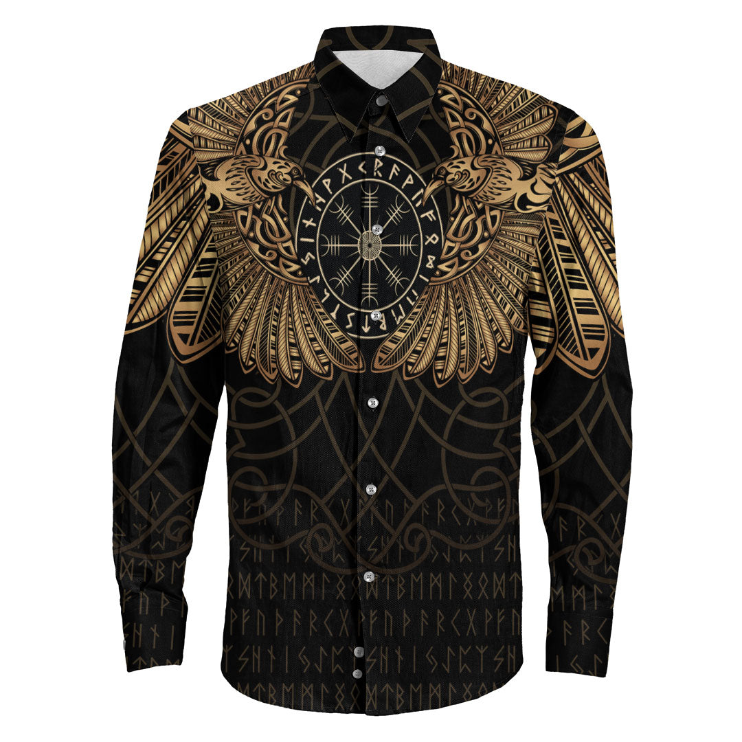 Viking Clothing Viking Odin's Celtic Two Ravens Gold Version Long Sleeve Button Shirt RLT12 - Wonder Print Shop