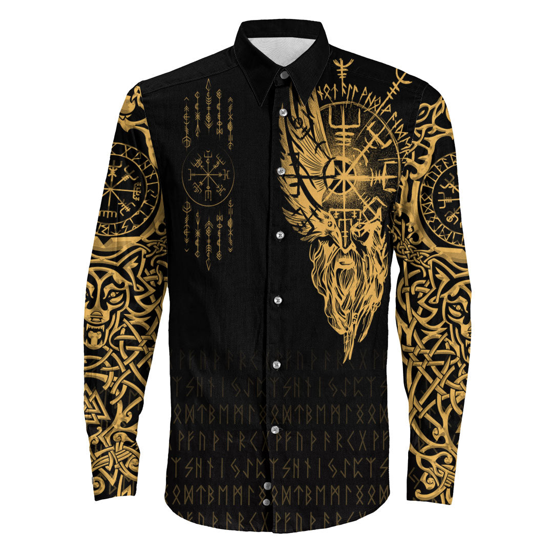Viking Clothing Viking Compass Vegvisir Tattoo Gold Version Long Sleeve Button Shirt RLT12 - Wonder Print Shop