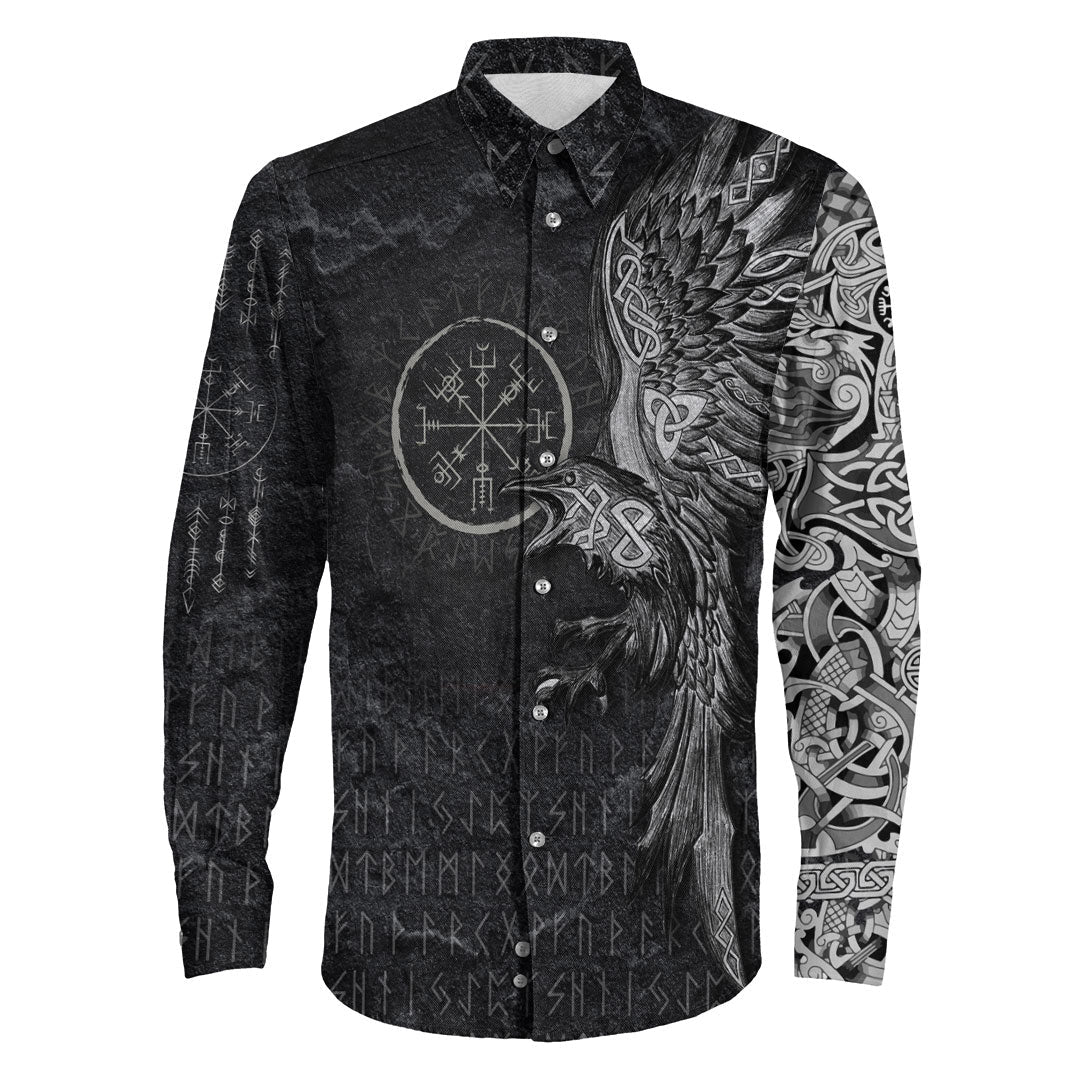 Viking Clothing Vegvisir With Raven Viking Compass Long Sleeve Button Shirt RLT12 - Wonder Print Shop