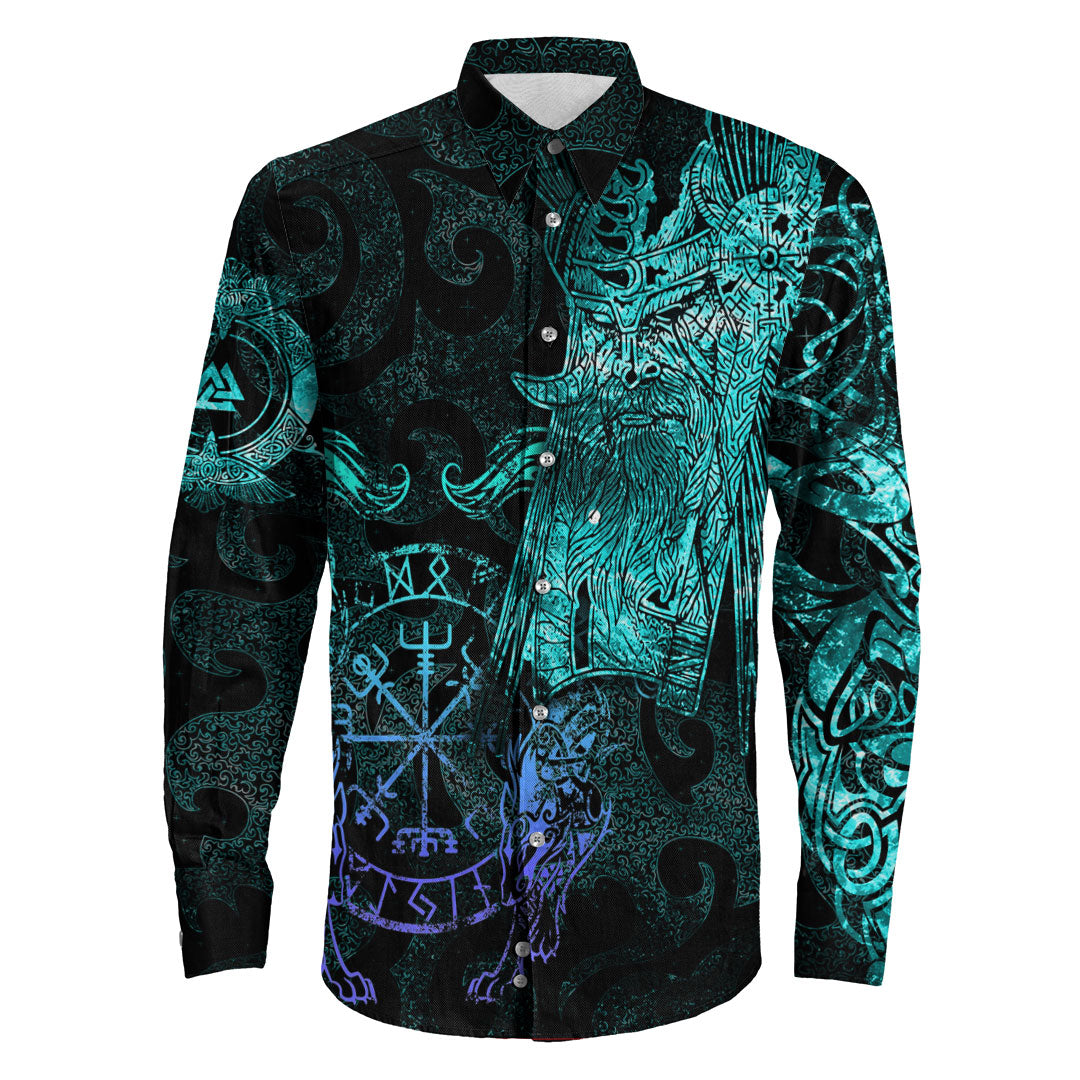 Viking Clothing Viking Odin Tattoo Cyan Version Long Sleeve Button Shirt RLT12 - Wonder Print Shop