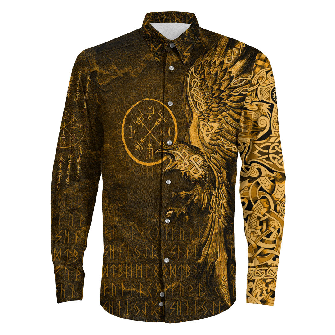 Viking Clothing Vegvisir With Raven Viking Compass Gold Version Long Sleeve Button Shirt RLT12 - Wonder Print Shop
