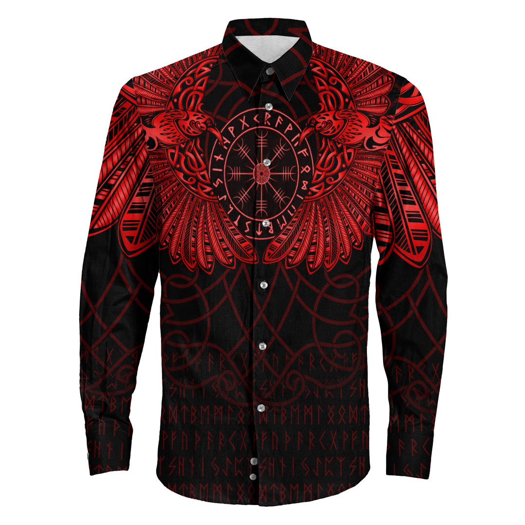 Viking Clothing Viking Odin's Celtic Two Ravens Red Version Long Sleeve Button Shirt RLT12 - Wonder Print Shop