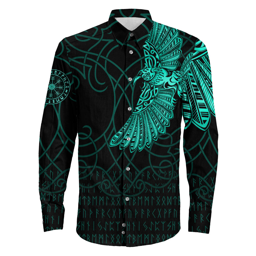 Viking Clothing Viking Odins Raven Tattoo Cyan Version Long Sleeve Button Shirt RLT12 - Wonder Print Shop