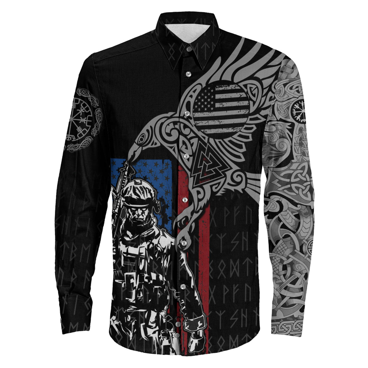 Wonder Print Clothing - Long Sleeve Button Shirt - The Raven Of Odin Tattoo Veteran Army - Wonder Print Shop