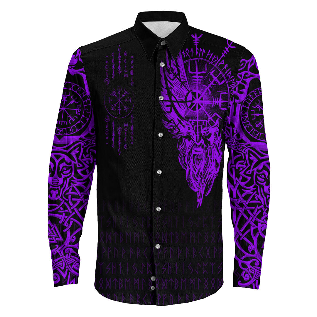 Viking Clothing Viking Compass Vegvisir Tattoo Purple Version Long Sleeve Button Shirt RLT12 - Wonder Print Shop