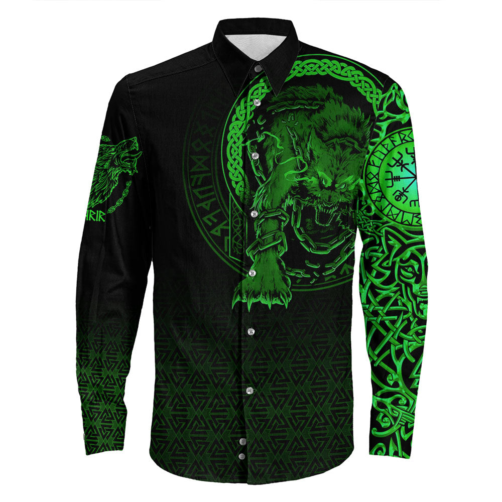 Viking Clothing Viking Fenrir Norse 3D Green Long Sleeve Button Shirt RLT12 - Wonder Print Shop