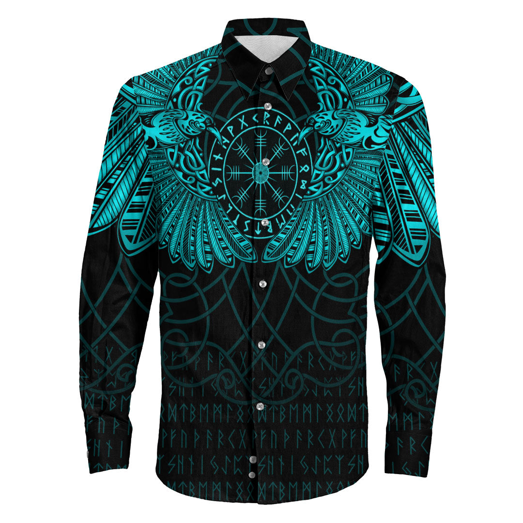 Viking Clothing Viking Odin's Celtic Two Ravens Cyan Version Long Sleeve Button Shirt RLT12 - Wonder Print Shop
